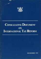 Publication cover with New Zealand coat of arms, Title - Consultative document on international tax reform, Publication date - December 1987