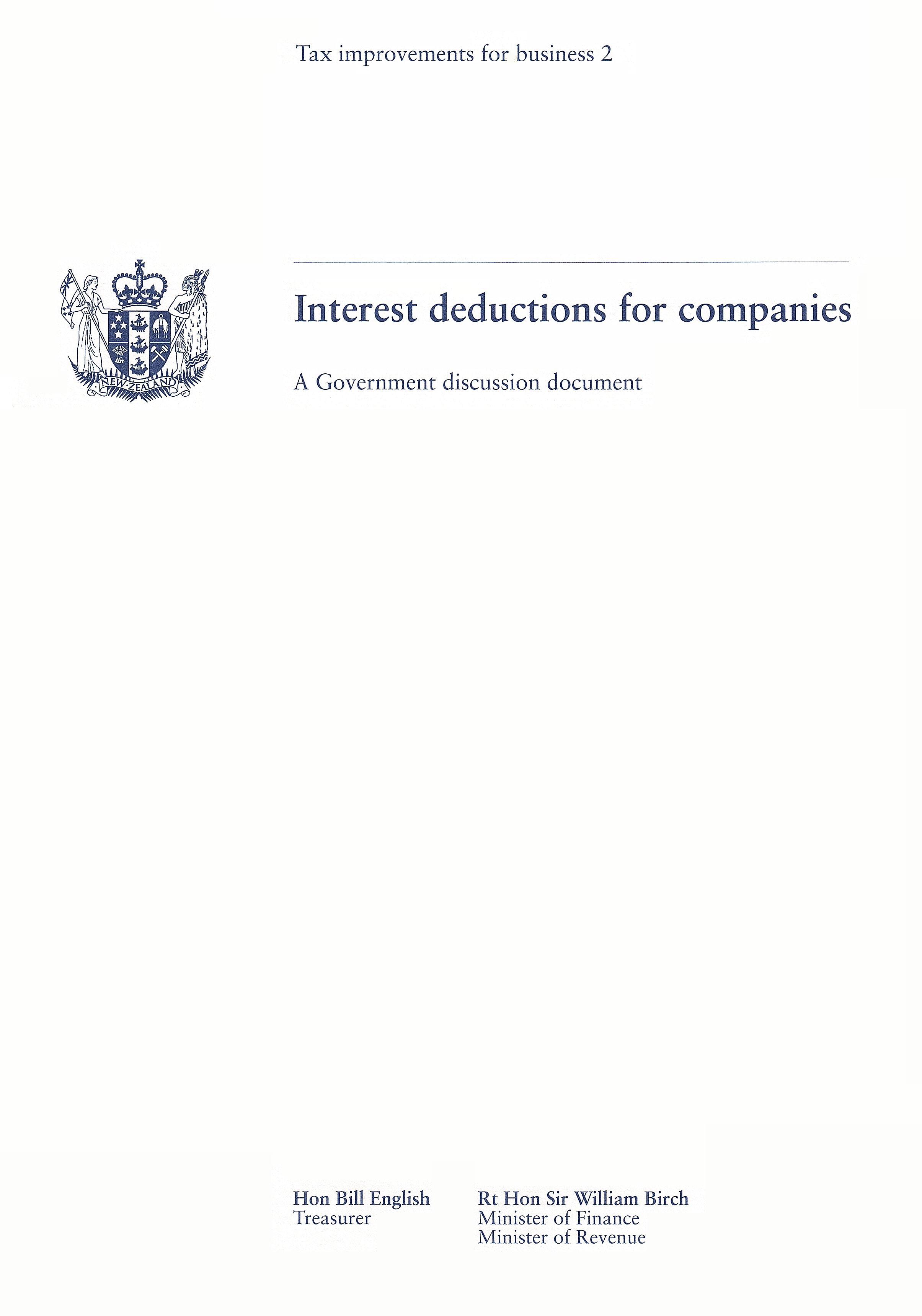 Publication cover image. Title = Interest deductions for companies - a Government discussion document. September 1999.