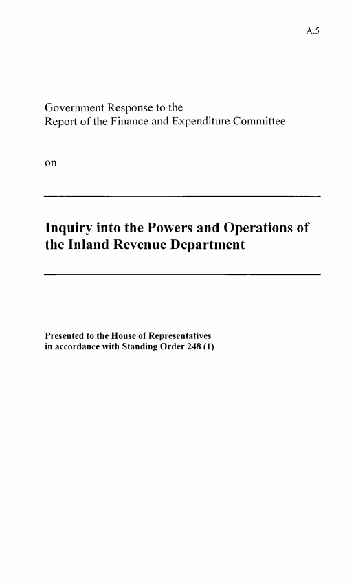Publication cover page with title: Government response to the report of the Finance and Expenditure Committee on the Inquiry into the powers and operations of the Inland Revenue Department