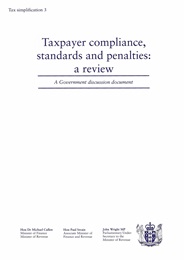 Publication cover image. Title = Taxpayer compliance, standards and penalties: a review - a Government discussion document. August 2001.