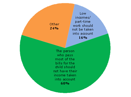 Pie chart - Question 1(b) - The person who pays most of the bills for the child should not have their income taken into account (60%), Low incomes/part-time work should not be taken into account (16%), Other (24%)