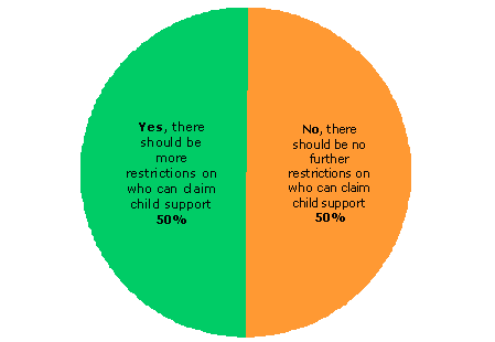 Pie chart - Question 1 - Yes, there should be more restrictions on who can claim child support (50%), No, there should be no further restrictions on who can claim child support (50%)